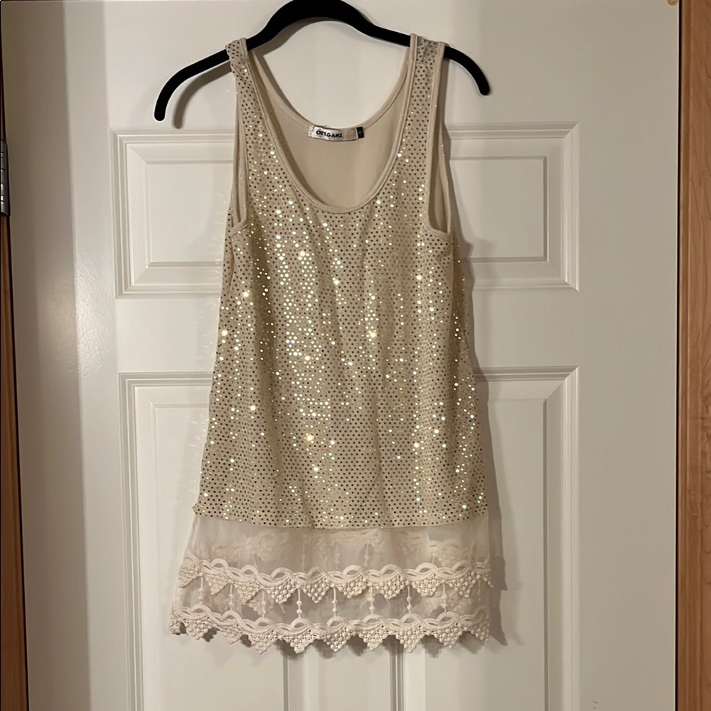 Gold Sequin Tank Top with Lace Hem
